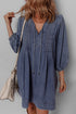 Denim Tied V Neck Pleated Three Quarter Sleeve Mini Dress