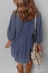 Denim Tied V Neck Pleated Three Quarter Sleeve Mini Dress