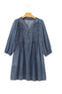 Denim Tied V Neck Pleated Three Quarter Sleeve Mini Dress
