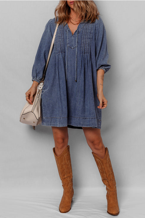 Denim Tied V Neck Pleated Three Quarter Sleeve Mini Dress