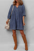 Denim Tied V Neck Pleated Three Quarter Sleeve Mini Dress