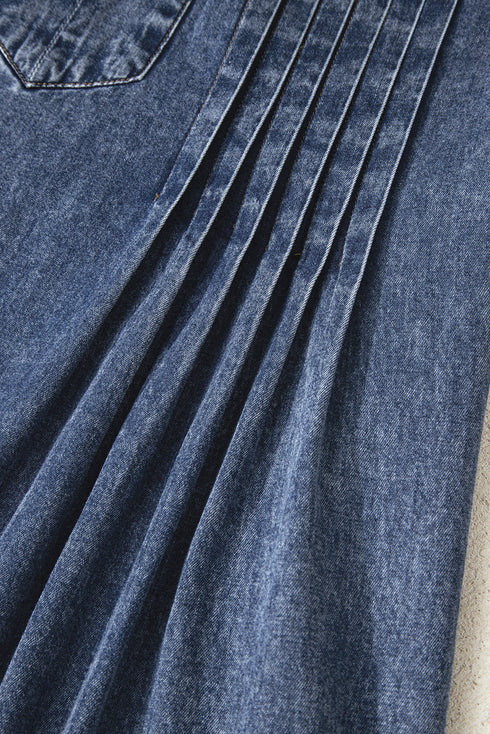 Denim Tied V Neck Pleated Three Quarter Sleeve Mini Dress
