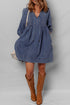Denim Tied V Neck Pleated Three Quarter Sleeve Mini Dress