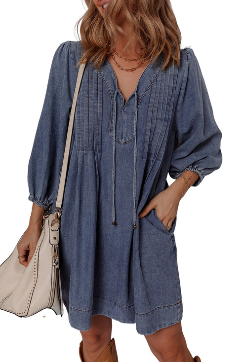 Denim Tied V Neck Pleated Three Quarter Sleeve Mini Dress