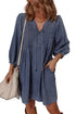 Denim Tied V Neck Pleated Three Quarter Sleeve Mini Dress