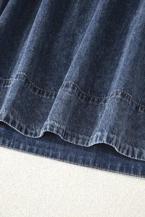 Denim Tied V Neck Pleated Three Quarter Sleeve Mini Dress