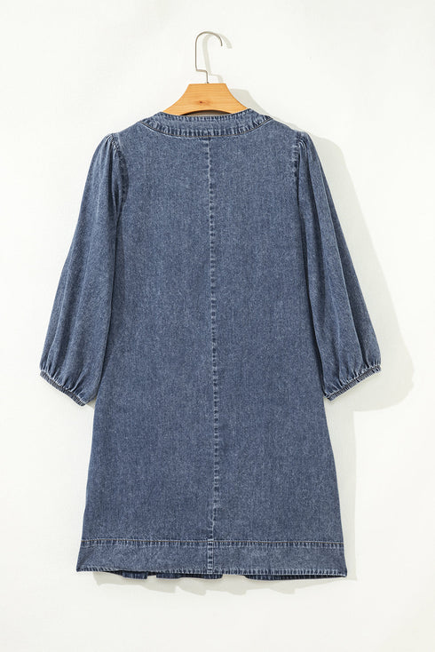 Denim Tied V Neck Pleated Three Quarter Sleeve Mini Dress