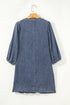 Denim Tied V Neck Pleated Three Quarter Sleeve Mini Dress
