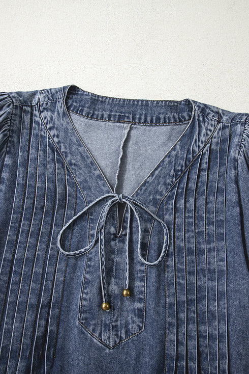 Denim Tied V Neck Pleated Three Quarter Sleeve Mini Dress