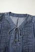 Denim Tied V Neck Pleated Three Quarter Sleeve Mini Dress