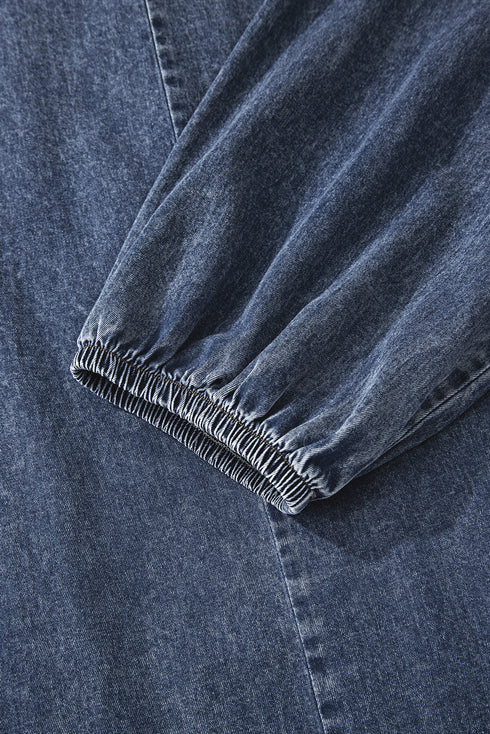 Denim Tied V Neck Pleated Three Quarter Sleeve Mini Dress