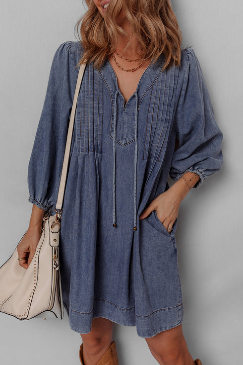 Denim Tied V Neck Pleated Three Quarter Sleeve Mini Dress