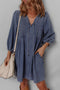 Denim Tied V Neck Pleated Three Quarter Sleeve Mini Dress
