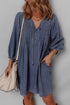Denim Tied V Neck Pleated Three Quarter Sleeve Mini Dress