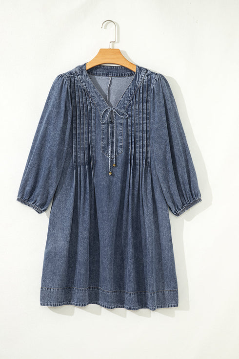 Denim Tied V Neck Pleated Three Quarter Sleeve Mini Dress