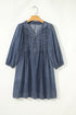 Denim Tied V Neck Pleated Three Quarter Sleeve Mini Dress