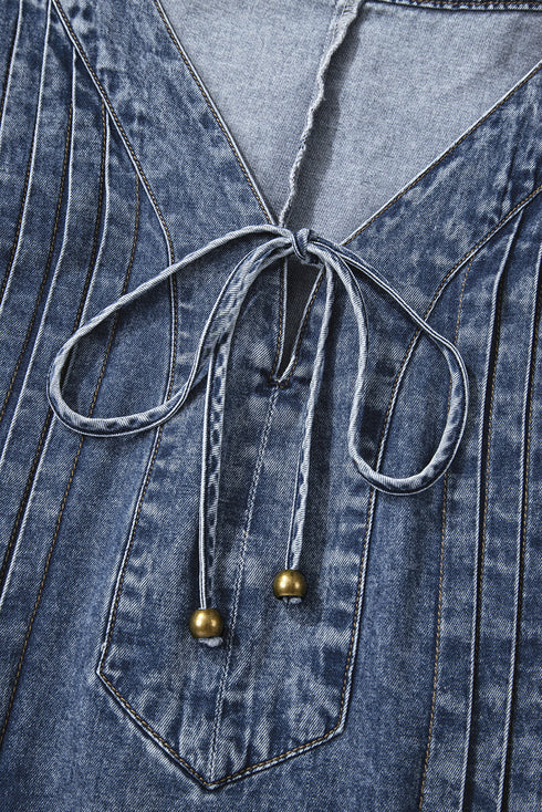 Denim Tied V Neck Pleated Three Quarter Sleeve Mini Dress