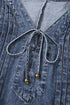 Denim Tied V Neck Pleated Three Quarter Sleeve Mini Dress