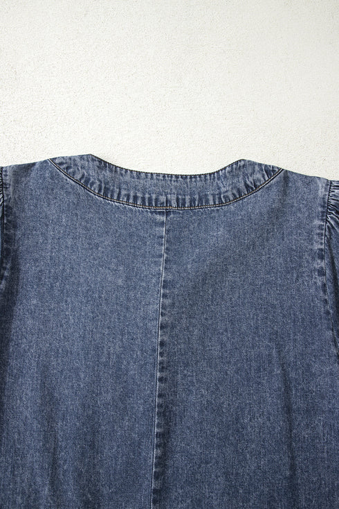 Denim Tied V Neck Pleated Three Quarter Sleeve Mini Dress