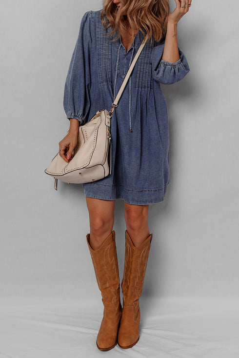 Denim Tied V Neck Pleated Three Quarter Sleeve Mini Dress