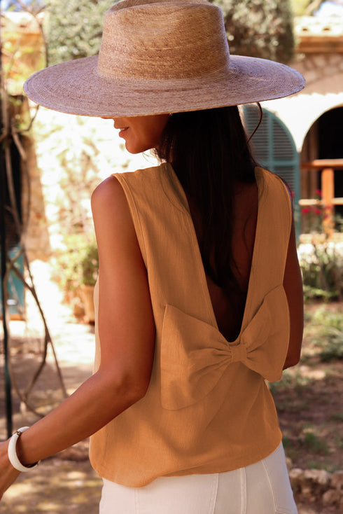 Desert Gold Bowknot V Cut Backless Cotton Tank Top