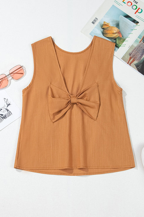 Desert Gold Bowknot V Cut Backless Cotton Tank Top