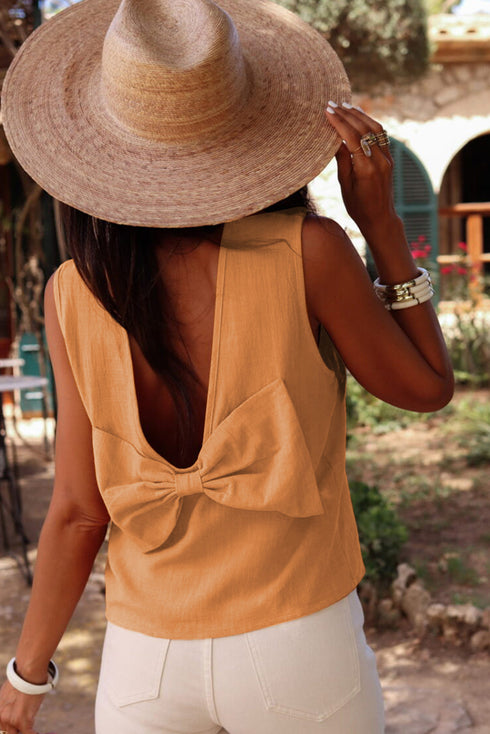 Desert Gold Bowknot V Cut Backless Cotton Tank Top