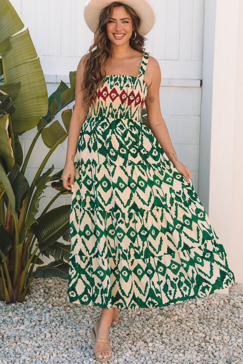 Desert Mirage Aztec Print Shirred Bodice A Line Maxi Dress