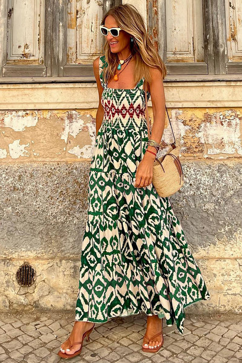 Desert Mirage Aztec Print Shirred Bodice A Line Maxi Dress