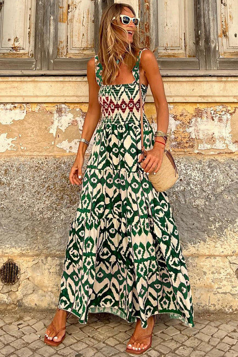 Desert Mirage Aztec Print Shirred Bodice A Line Maxi Dress