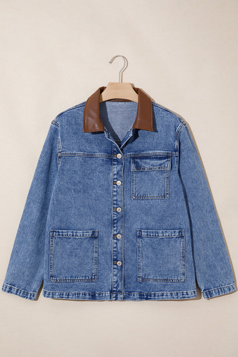 Patchwork Leather Collar Long Sleeve Denim Jacket