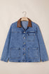 Patchwork Leather Collar Long Sleeve Denim Jacket