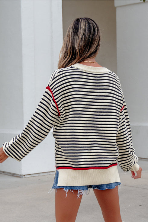 Striped Ribbed Trim Drop Shoulder Oversized Sweater