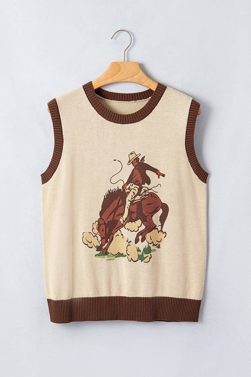 Western Print Trim Sleeveless Knit Cotton Sweater Vest