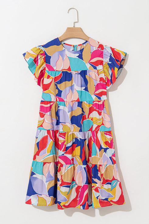 Abstract Print Ruffled Flutter Sleeve A-Line Mini Dress