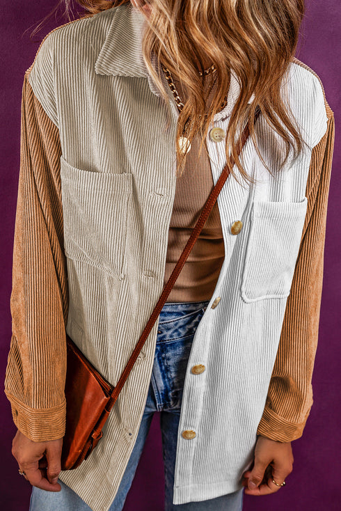 Casual Loose Fit Paneled Corduroy Shirt Jacket