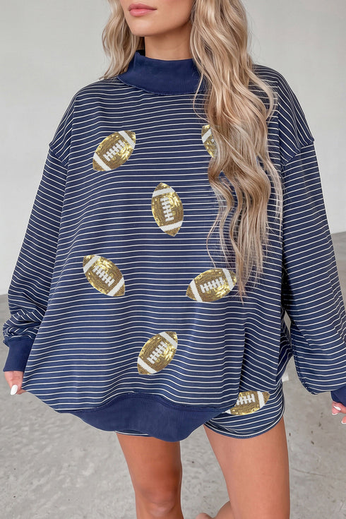 Sequin Rugby Print Striped Mock Neck Sweatshirt