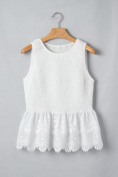Smocked Lace Peplum Sleeveless Detail Tank