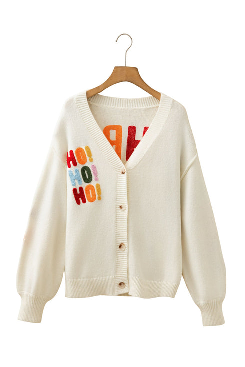 Slogan V Neck Button Front Embroidered Knit Cardigan