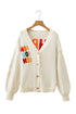 Slogan V Neck Button Front Embroidered Knit Cardigan