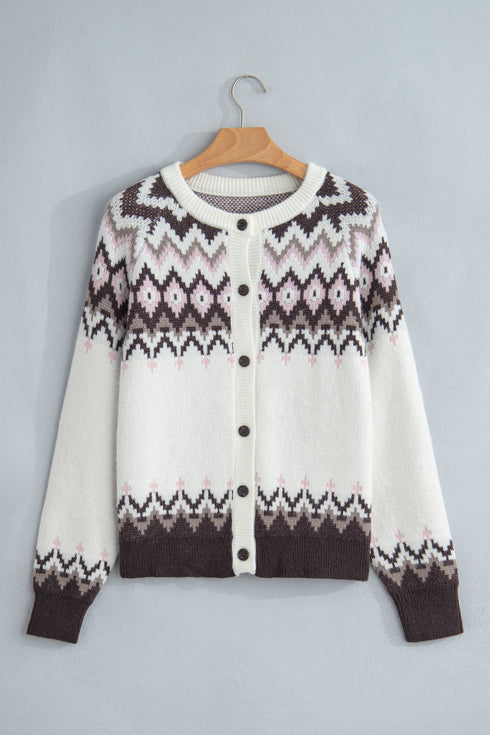 Geometric Pattern Brushed Knit Apres Ski Cardigan