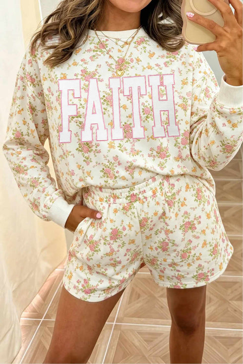 Floral Print Faith Letter Graphic Long Sleeve Top Shorts Two Piece Set