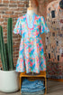 Floral Print Scallop Striped Trim V Neck Mini Dress