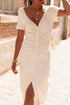 Short Sleeve Ribbed Button Front Ruched Maxi Dress