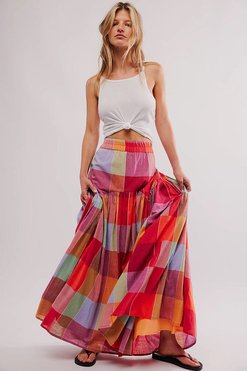 Bohemian Plaid Print Ruched High Waist Maxi Skirt