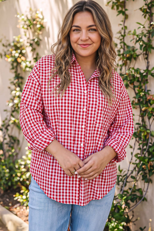 Plaid V Neck Long Sleeve Tunic Loose Fit Blouse