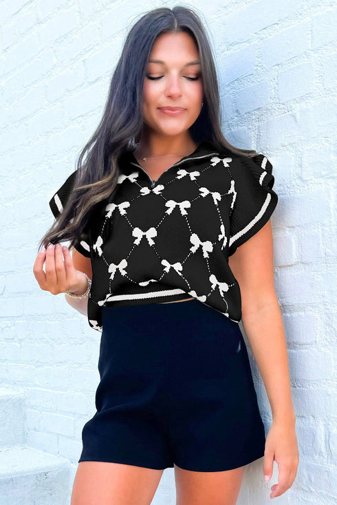 Diamond Bow Print Half Zip Flutter Sleeve Sweater