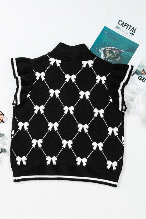 Diamond Bow Print Half Zip Flutter Sleeve Sweater