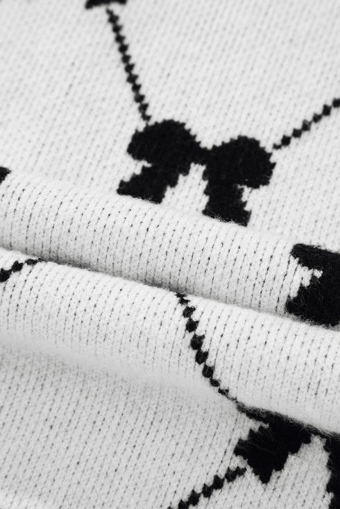 Diamond Bow Print Half Zip Flutter Sleeve Sweater