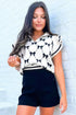 Diamond Bow Print Half Zip Flutter Sleeve Sweater